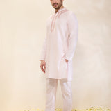 Light Pink Kurta Set with Hand-Embroidered Collar and Placket and Pants