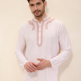 Light Pink Kurta Set with Hand-Embroidered Collar and Placket and Pants