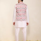 Light Pink Kurta Set with Pants and Printed Bandhgala Jacket