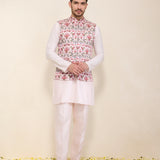 Light Pink Kurta Set with Pants and Printed Bandhgala Jacket