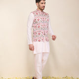 Light Pink Kurta Set with Pants and Printed Bandhgala Jacket