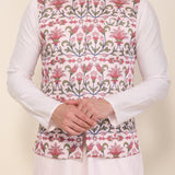 Light Pink Kurta Set with Pants and Printed Bandhgala Jacket
