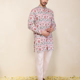 Pink Printed Satin Linen Front Open Kurta with Matching Pants