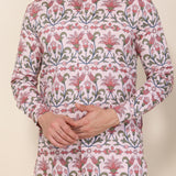 Pink Printed Satin Linen Front Open Kurta with Matching Pants