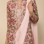Close-up of thread and cutwork embroidery on multi-colored spun silk jacket