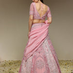 Back view of hand embroidered pink lehenga set