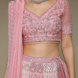 Close-up of jaali and zardozi embroidery on pink blouse and dupatta