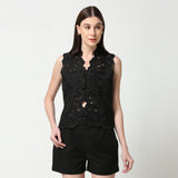 Black Cotton Linen Cutwork Sleeveless Waistcoat