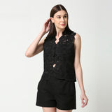 Black Cotton Linen Cutwork Sleeveless Waistcoat