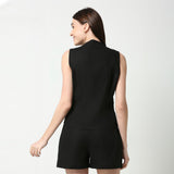 Black Cotton Linen Cutwork Sleeveless Waistcoat