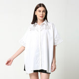 Ivory White Cotton Linen Collared Cutwork Kaftan Shirt