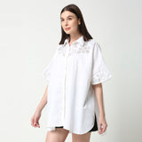 Ivory White Cotton Linen Collared Cutwork Kaftan Shirt