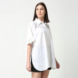 Ivory White Cotton Linen Collared Cutwork Kaftan Shirt