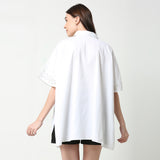 Ivory White Cotton Linen Collared Cutwork Kaftan Shirt