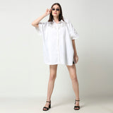 Ivory White Cotton Linen Collared Cutwork Kaftan Shirt