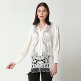 Ivory White Embroidered Floral Collared Shirt