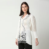 Ivory White Embroidered Floral Collared Shirt