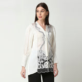 Ivory White Embroidered Floral Collared Shirt