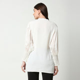 Ivory White Embroidered Floral Collared Shirt