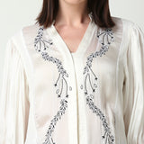 Ivory White Embroidered Floral Collared Shirt