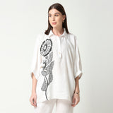 White Embroidered Bead Collared Floral Motif Shirt