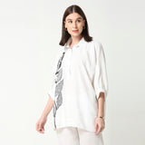 White Embroidered Bead Collared Floral Motif Shirt