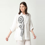 White Embroidered Bead Collared Floral Motif Shirt