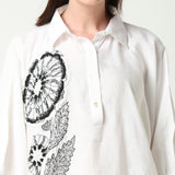 White Embroidered Bead Collared Floral Motif Shirt