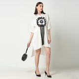 White Embroidered Motif Floral Tasseled Shirt Dress