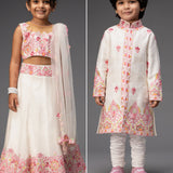 White Embroidered Lehenga and Sherwani Set - Siblings Set