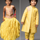 Yellow Embroidered Lehenga and Jacket Kurta Set - Siblings Set