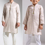 Cube Print Satin Linen Kurta - Father-Son Set