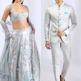 Grey fairytale lehenga with bralette blouse and dupatta & Grey Bandhgala teamed with narrow pants