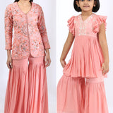 Tailored peach jacket with embroidery teamed with gharara pants & Peach Embroidered Peplum teamed with gharara pants Mother-Daughter Set