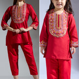 Red Embroidered Co-ord Set - Mother-Daughter Set