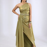 Olive Green pre draped saree Gown with embroidered waist belt.