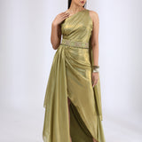 Olive Green pre draped saree Gown with embroidered waist belt.