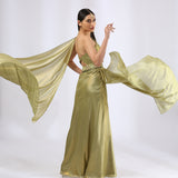 Olive Green pre draped saree Gown with embroidered waist belt.