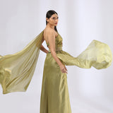 Olive Green pre draped saree Gown with embroidered waist belt.