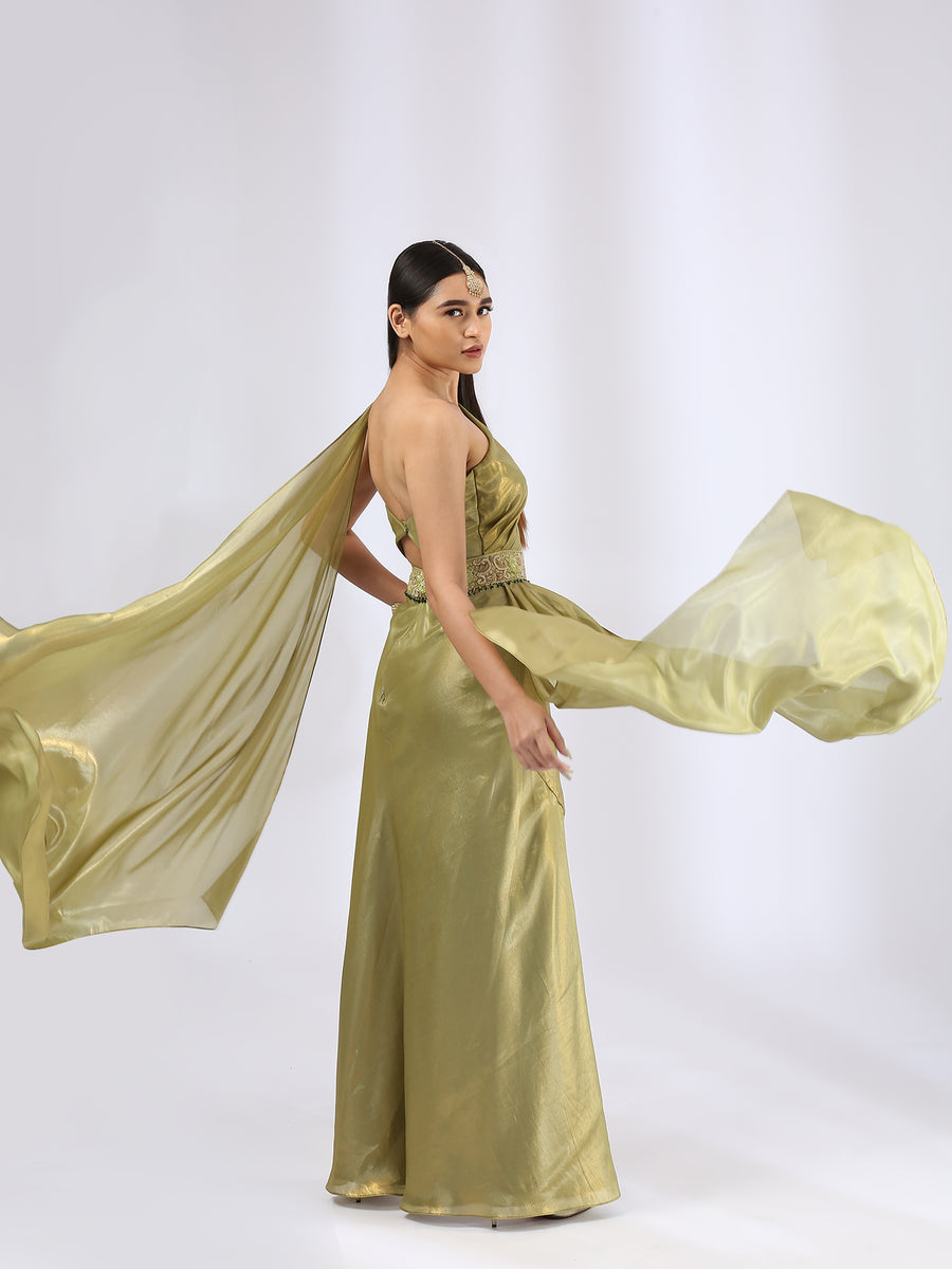 Olive Green pre draped saree Gown with embroidered waist belt.