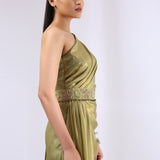 Olive Green pre draped saree Gown with embroidered waist belt.