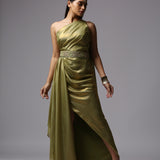 Olive Green pre draped saree Gown with embroidered waist belt.