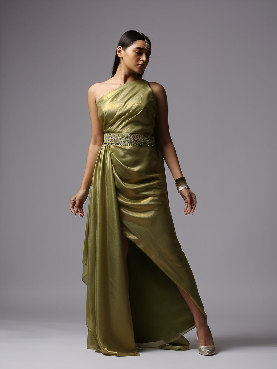 RAVEN BLACK DRAPED PRE-STITCHED SAREE GOWN SET WITH AN EMBROIDERED BODICE  AND AN ATTACHED DRAPED PALLU. - Seasons India