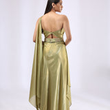 Olive Green pre draped saree Gown with embroidered waist belt.