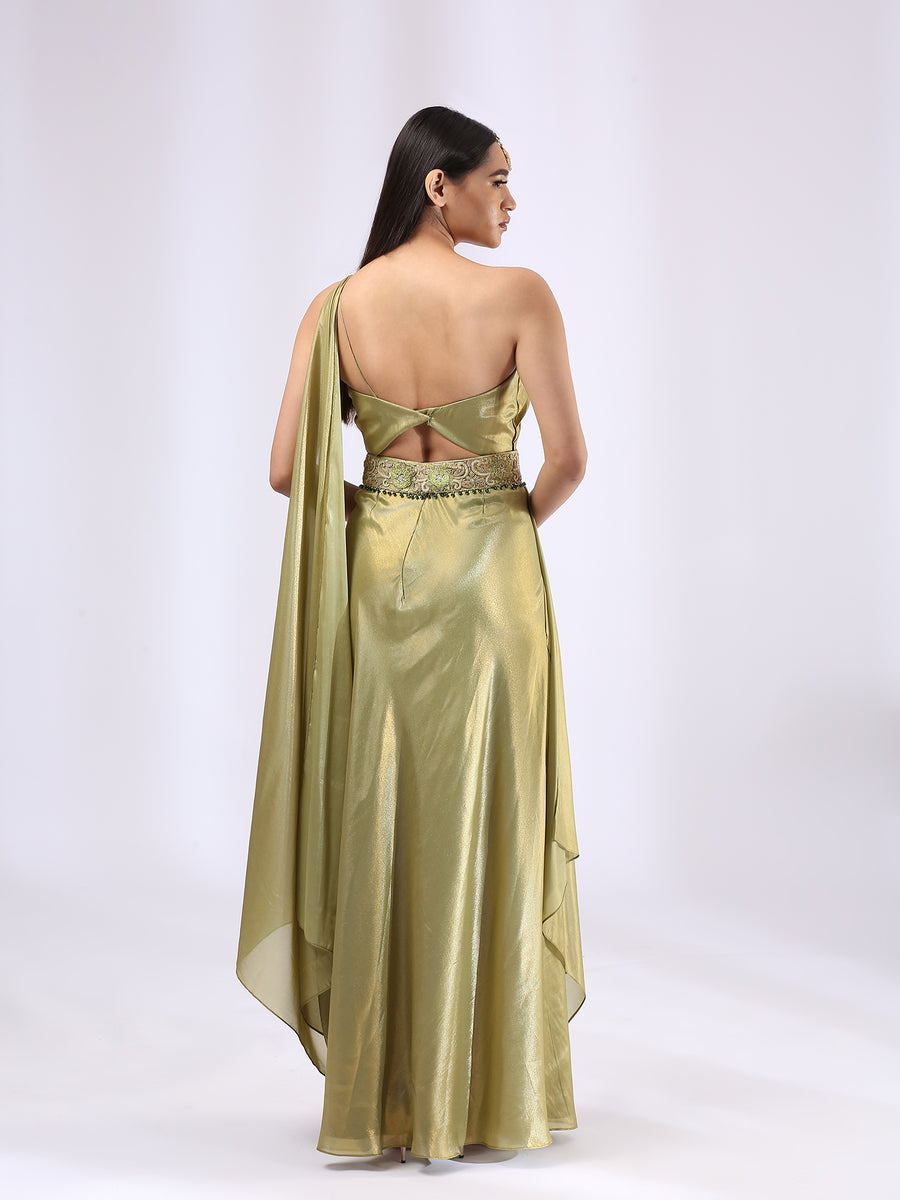 Olive Green pre draped saree Gown with embroidered waist belt.