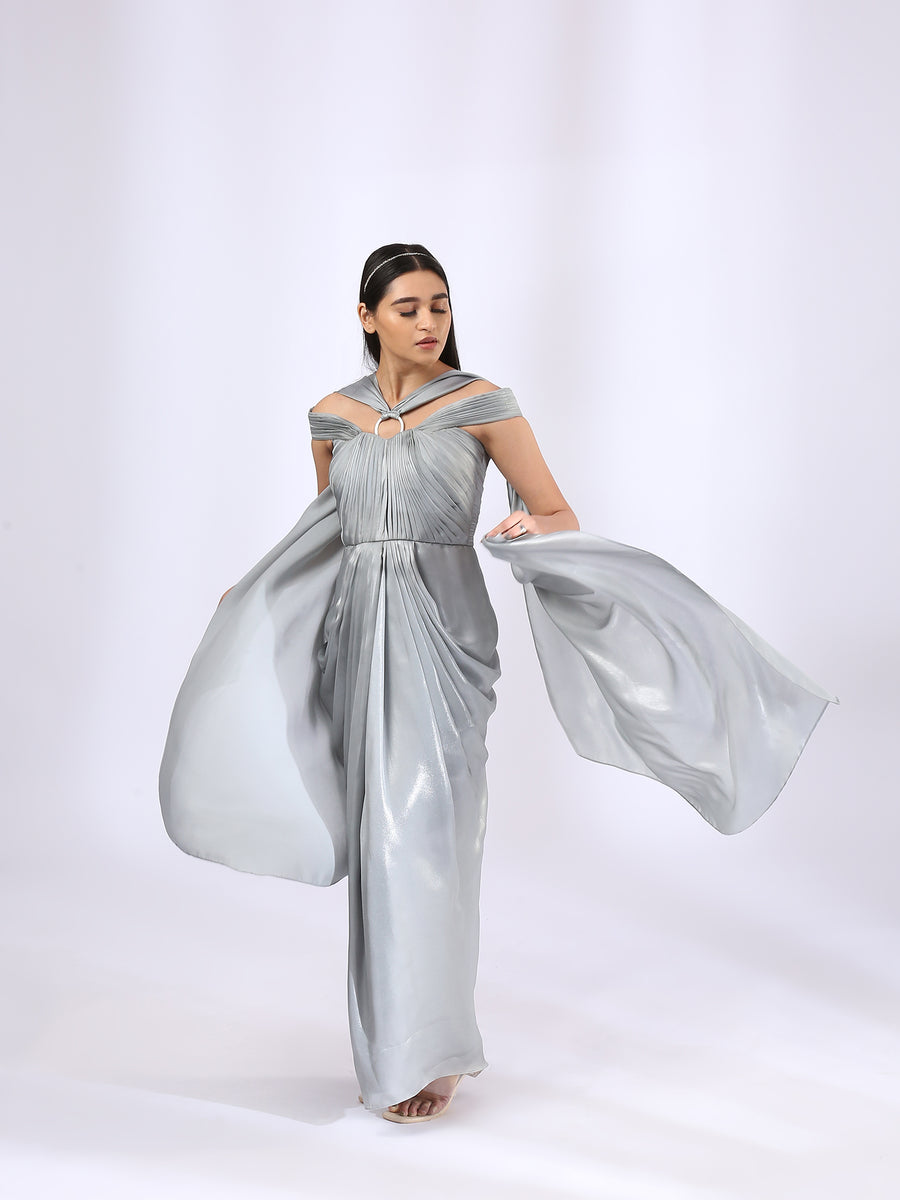 Metallic Grey Pre Draped Gown