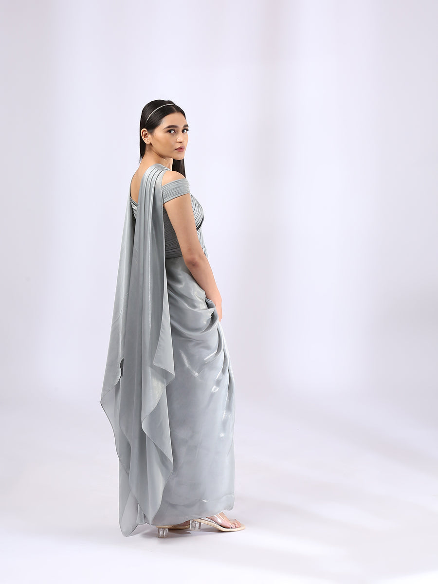 Metallic Grey Pre Draped Gown