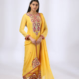 Yellow Kurta with Embroidered Yoke teamed with Palazzo Pants and Dupatta