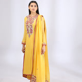 Yellow Kurta with Embroidered Yoke teamed with Palazzo Pants and Dupatta