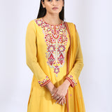 Yellow Kurta with Embroidered Yoke teamed with Palazzo Pants and Dupatta